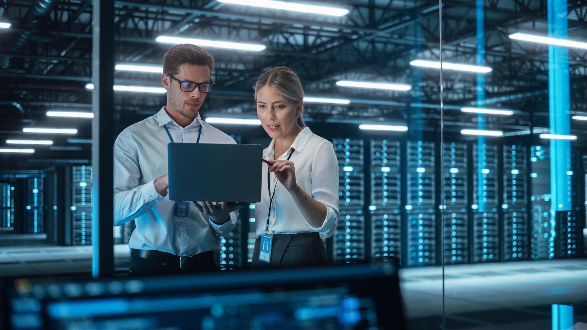 Cybersecurity analysts review data on a computer.